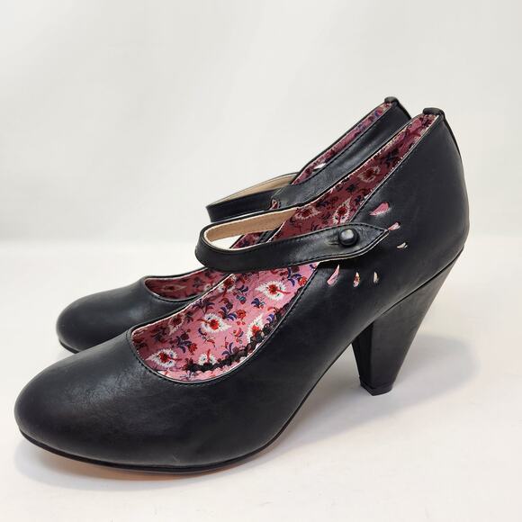 Bettie Page Shoes by Ellie Black Leather Mary Jane Pumps Heels Size 10 Pinup. - Picture 5 of 9